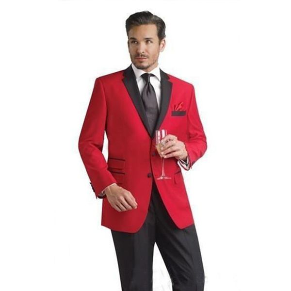 Vestido de noche Diseño personalizado Novio rojo Prom Tuxedos Solapa con muesca negra Formal Mejor hombre Padrinos de boda Hombres Trajes de boda Blazer 2019 Chaqueta + Pantalones