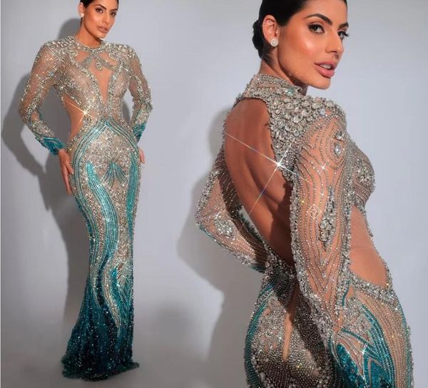 Robe de soirée Kylie Jenner Long Robe à manches longues O Appliques de cou Blue CrystalSyousef Aljasmi Kim Kardashian Femmes Tissu Kylie Jenner Kendal Jenner