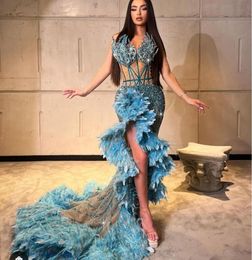 Robe de soirée Kylie Jenner Vestido de Fiesta Abito da Ser das Abendkleid Die Sirène bleu chérie plume longue manche longue nigéria yousef aljasmi