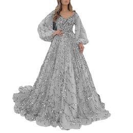 Robe de soirée longue trapèze, col en v, manches longues, robe formelle pour femmes, robe élégante en Tulle