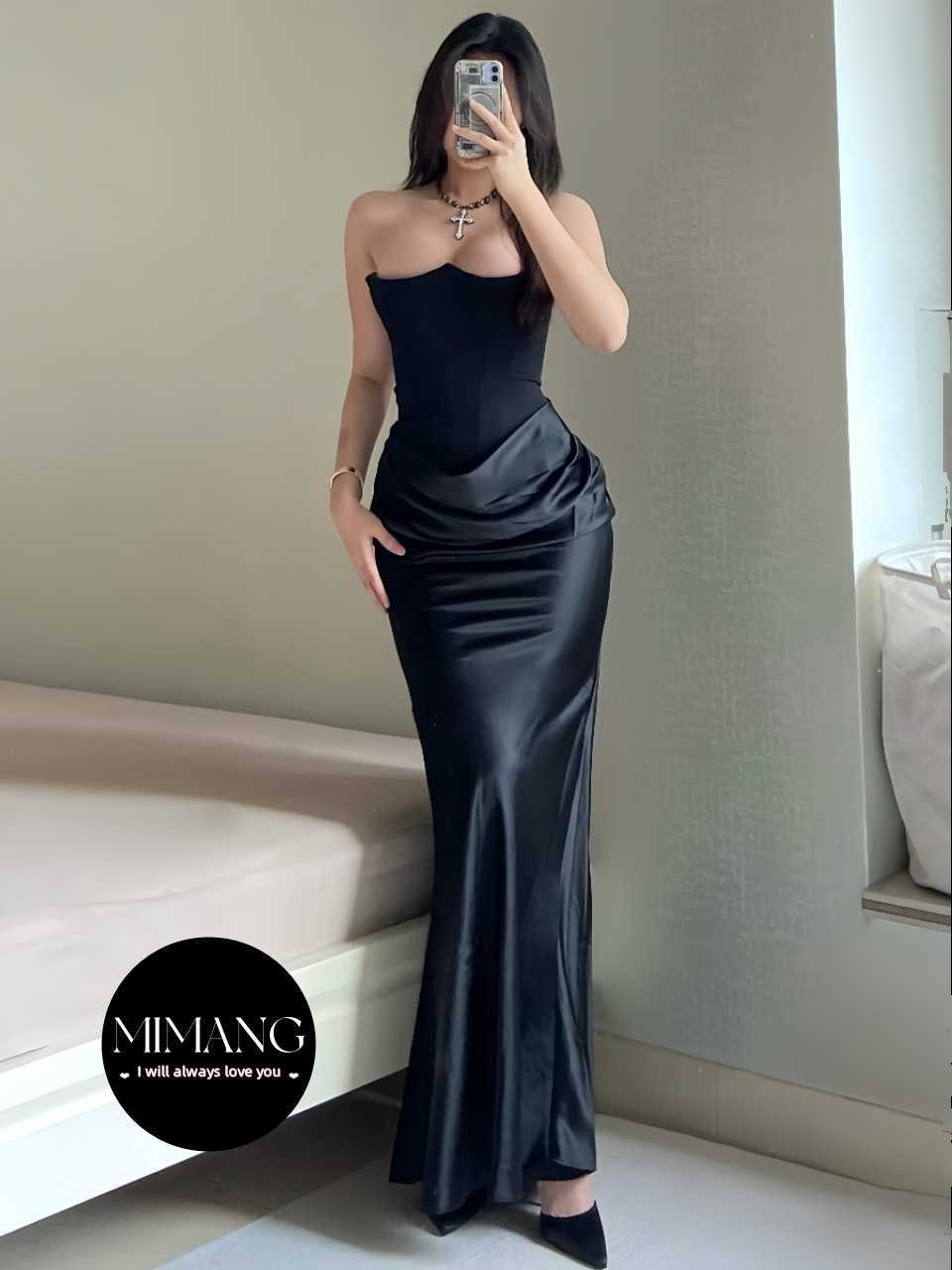 Abendkleid sexy Partykleid Fischknochen trägerlos fit langes schwarzes Kleid Abendkleid weiblich