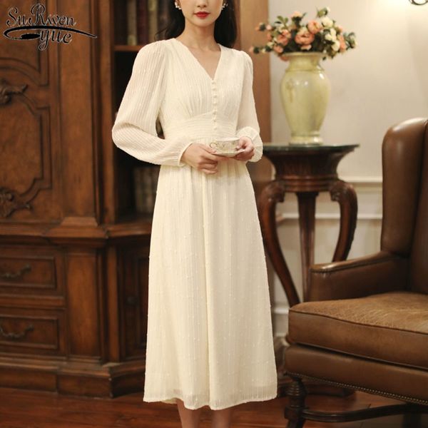Vestido de noche Mujer de boda de boda de manga larga con cuello en v, con botón francés retro elegante fiesta 13231 210417
