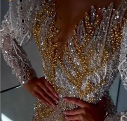 Robe de soirée femme vêtements Balqeesfathi Nawalelzoghbi argent cristal col en V manches longues sirène perles d'or Yousef aljasmi Myriam fares kim kardashian