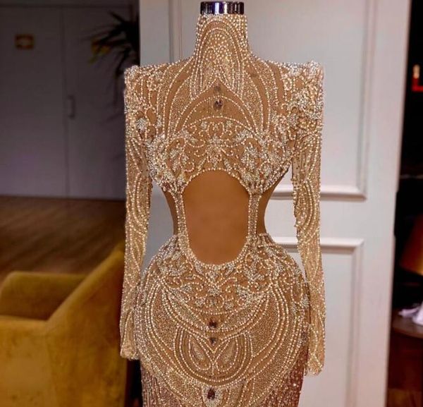 Vestido de noche ropa de mujer Balqeesfathi Nawalelzoghbi Cuello alto Manga larga Perlas Plata Cristal Sirena Yousef aljasmi Myriam fares kim kardashian Bling