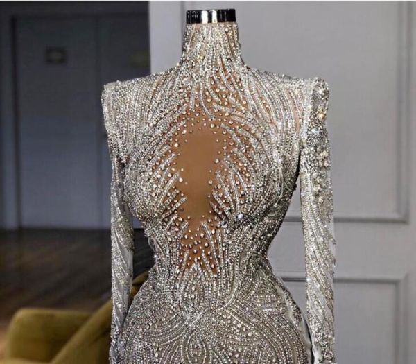 Vestido de noche ropa de mujer Balqeesfathi Nawalelzoghbi Crystal Beads Cuello alto Manga larga Mermaid Silver Crystal Beads Yousef aljasmi Myriam fares