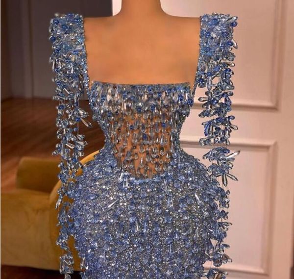 Vestido de noche ropa de mujer Balqeesfathi Nawalelzoghbi Beads Blue Crystals Funda Manga larga Sirena Split Yousef aljasmi Myriam fares kim kardashian