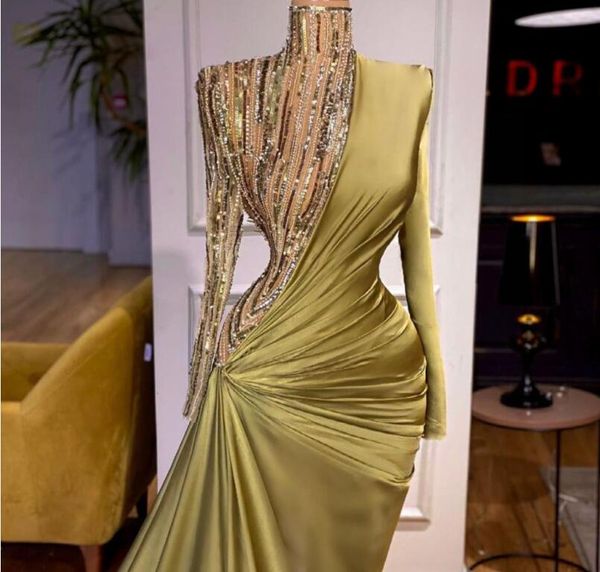 Robe de soirée femme robe sirène col haut manches longues plissé Satin vert Kim kardashian Kylie jenner