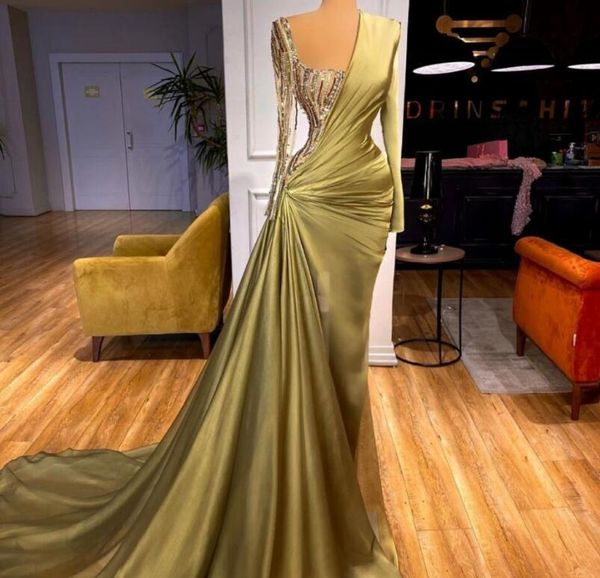 Robe de soirée femme robe sirène encolure dégagée manches longues plissé Satin vert Kim kardashian Kylie jenner