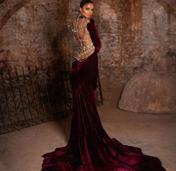 Vestido de noche Vestido de mujer Vino rojo Terciopelo Sin espalda Cuello alto Sirena Funda Yousef aljasmi Kendal Jenner Plata Cristal Kim kardashian