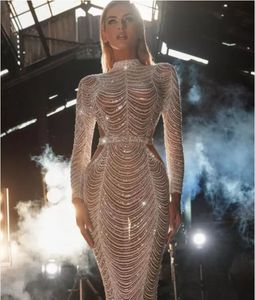 Robe de soirée Yousef aljasmi Jennifor Kendal Jenner Robe femme Manches longues Kim kardashian Perles de cristal blanc Perles Col haut Manches longues Gaine Robe longue wly935