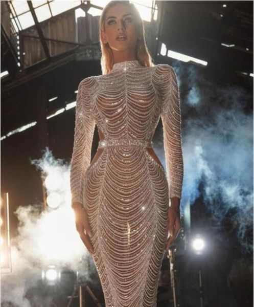 Vestido de noche Yousef aljasmi Jennifor Kendal Jenner Vestido de mujer Manga larga Kim kardashian Perlas de cristal blanco Cuentas Cuello alto Lo9042759