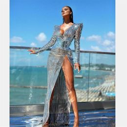 Robe de soirée Yousef aljasmi Kendal Jenner robe femme Kim kardashian col en v épaule haute fendue argent plume Appliques194Z