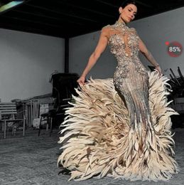 Robe de soirée Yousef Aljasmi Kim Kardashian Sirène High Neck Feather Perles argentées longues Crystals Zuhair Murad Ziadnakad 00117231559