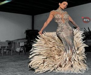 Avondjurk Yousef Aljasmi Kim Kardashian Mermaid High Neck Feather Silver kralen Lange kleding Kristallen Zuhair Murad Ziadnakad 00115350178