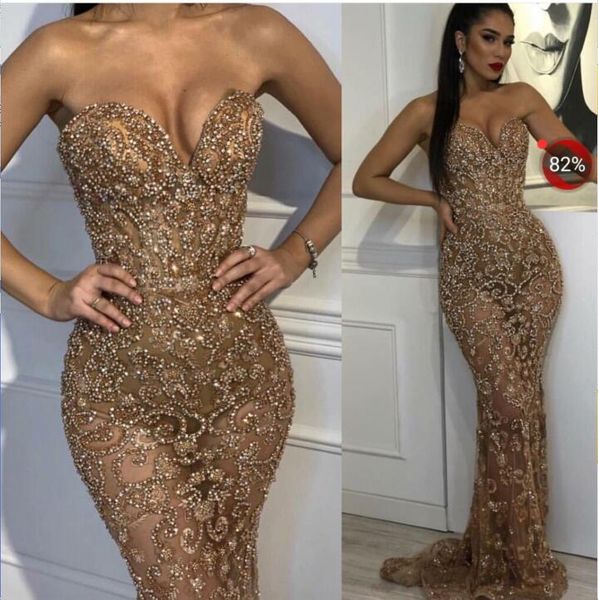 Vestido de noche Yousef aljasmi Sweetheart Sirena Hasta el suelo Oro Cristal Perlas Vestido de cuentas kim kardashian 0081