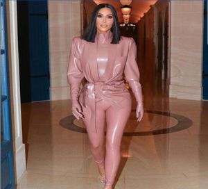 Avondjurk Yousef Aljasmi Vrouwen passen bij Kim Kardashian Pink 3 Pieaces Lederen kledingbontpak Coördinaten Hoge nek Lange Sleev4716983