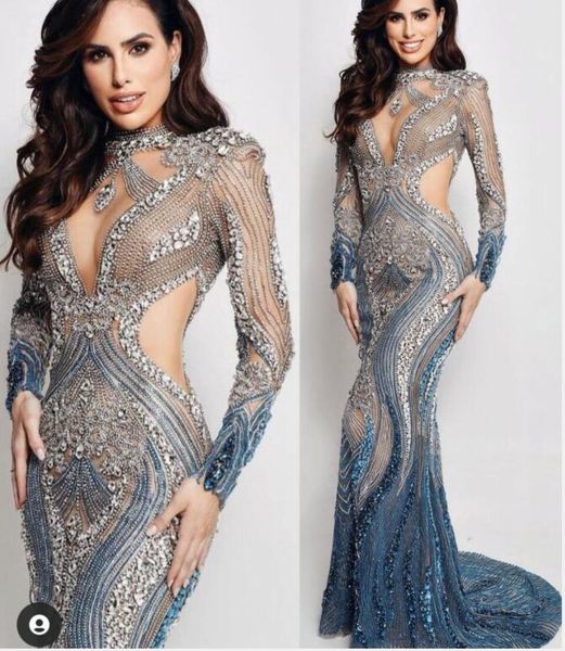 Robe de soirée Yusuf Aljasmi argent jupe bleue à manches longues zuhair Murad kim kardashian