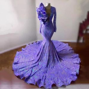 2023 Lentejuelas brillantes Sirena Vestidos de noche Vestir Lila Lavanda Sexy Cuello en V Volantes Vestidos de fiesta Manga larga Encaje brillante Vestido de fiesta Robe De Soiree Vestido