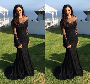 Vestidos de noche 2018 Sexy árabe Joya Cuello Ilusión Apliques de encaje Con cuentas de cristal Sirena negra Mangas largas Vestido de fiesta formal Vestidos de baile