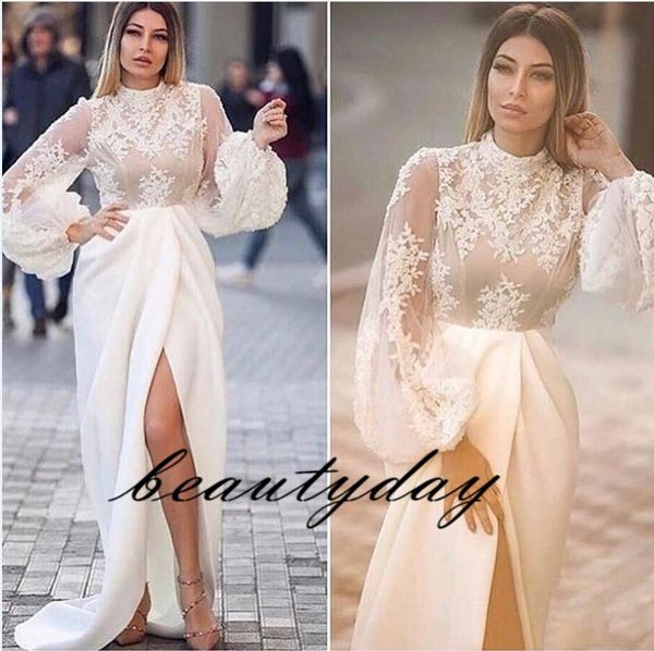 Robes de soirée 2020 avec une ligne A-ligne Labourjoisie arabe Dubaï Moyen-Orient robes formelles fête manches longues poète col haut avant robe de bal fendue