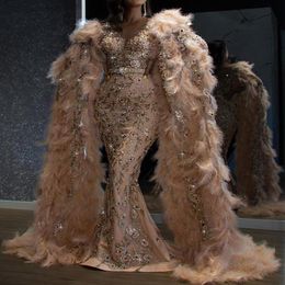 Robes de soirée 2021 Sexy arabe bijou cou illusion dentelle appliques cristal perlé noir sirène manches longues robe de soirée formelle P258G
