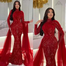 Avondjurken Arabische zeemeermin High Dubai Elegante nek Lange mouwen formele prom -jurk pailletten Lace Red Carpet Robe de Soiree
