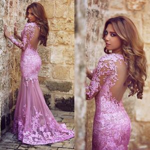 Avondjurken goedkope Arabische lila paarse juweel nek mouwen lace mermaid pure illusie lange feestjurk open back prom jurken