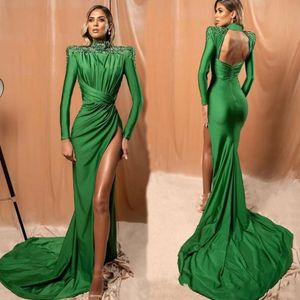 Robes de soirée vert foncé dos nu robe de soirée de bal plissé formel personnalisé grande taille nouvelle fermeture éclair à lacets sirène col haut manches longues élastique satin fentes cuisse-haute