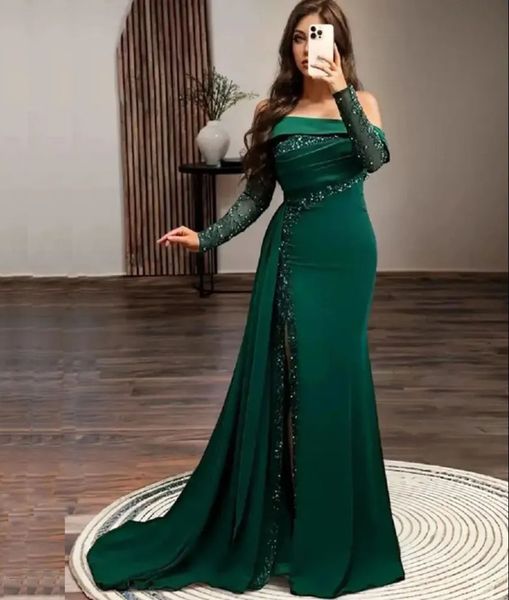 Vestidos de noche Fiesta verde oscuro Vestido de fiesta Cremallera personalizada Con cordones Tallas grandes Trompeta de sirena Satén elástico Nuevo Fuera del hombro Manga larga Apliques con cuentas Lentejuelas Divididas