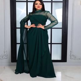 Robe de soirée vert foncé, robe de bal perlée, personnalisée, grande taille, en mousseline de soie, ligne A, col haut, manches longues, fermeture éclair plissée, nouvelle collection