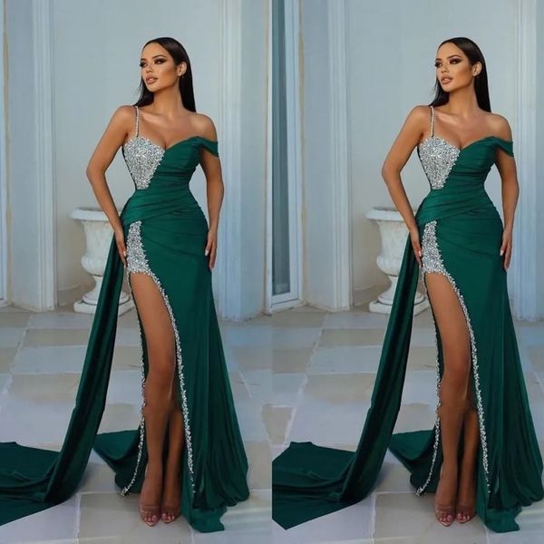 Vestidos de noche Vestido de fiesta de graduación verde oscuro Sirena Cremallera Con cordones Tallas grandes Personalizado Nuevo Aberturas hasta el muslo Cariño Cristal Sin mangas Lentejuelas con cuentas Satén elástico