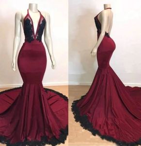 Robes de soirée robe de bal rouge foncé fête formelle sirène trompette nouvelle fermeture éclair personnalisée à lacets sans manches élastique satin licou noir applique dos nu