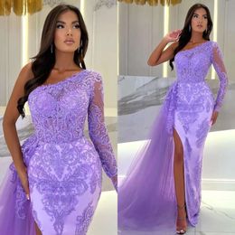 Avondjurken elegante lavendel zeemeermin een schouder kanten feest prom split lange jurk voor speciale ocn