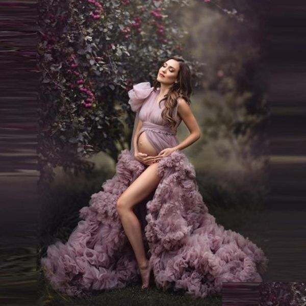 Vestidos de noche Elegante Púrpura Tle Maternidad Para Po Shoot Corte frontal Abierto Sin mangas Vestido de fiesta Chal Volantes con bengalas por encargo Dhljy