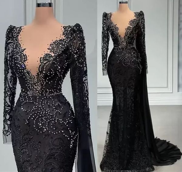 Robes de soirée Illusion Robe de bal noire formelle grande taille sirène perlée fermeture éclair à lacets nouvelles paillettes personnalisées à manches longues dentelle cristal col rond dentelle