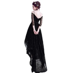 Robes de soirée Lamya simples alta baixa noite preto meia manga renda festa de formatura das mulheres sem costas robe formelle robe de soirée