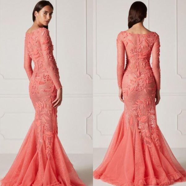 Robes de soirée à manches longues en dentelle appliques robes de bal 2020 sur mesure balayage train sirène occasion spéciale robe Hamda Al Fahim