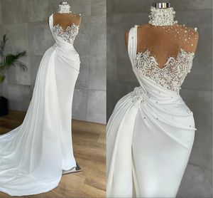 Avondjurken zeemeermin luxueuze parels kralen hoge nek illusie top formele prom feestjurken kanten appliques peplum ruches gewaad de mariee