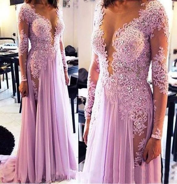 Robes de soirée rose robe de bal fête une ligne formelle col rond manches longues appliques paillettes perlées en mousseline de soie personnalisé grande taille fermeture éclair à lacets illusion nouveau