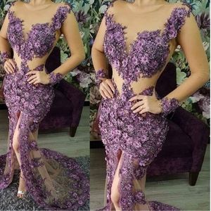 Avondjurken Plus Size Illusion Lange Mouwen Elegante Dubai Arabische pailletten Prom-jurken feestjurk