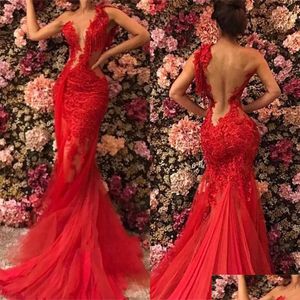 Avondjurken rood puur doorzien door backless zeemeermin prom plus size kanten op maat gemaakte jurken formals gewaden de soiree drop dhim6