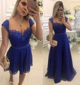 Robes de soirée bleu royal robe de bal fête une ligne formelle col rond appliques perlées personnalisé grande taille fermeture éclair à lacets illusion nouvelle dentelle sans manches deux pièces