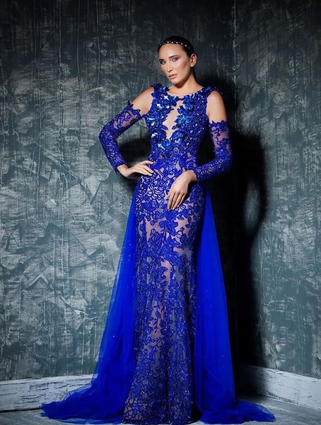 Robes de soirée bleu royal robe de bal fête formelle sirène col rond manches longues appliques dentelle personnalisée grande taille à lacets fermeture éclair nouvelle trompette