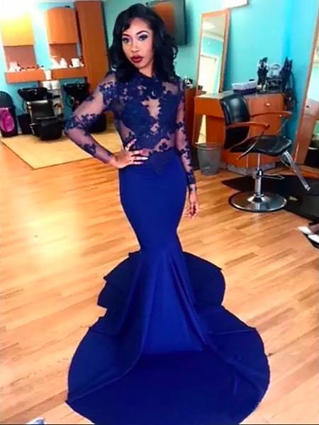 Robes de soirée bleu royal robe de soirée de bal nouveau formel satin personnalisé grande taille balayage train sirène trompette col rond manches longues appliques illusion