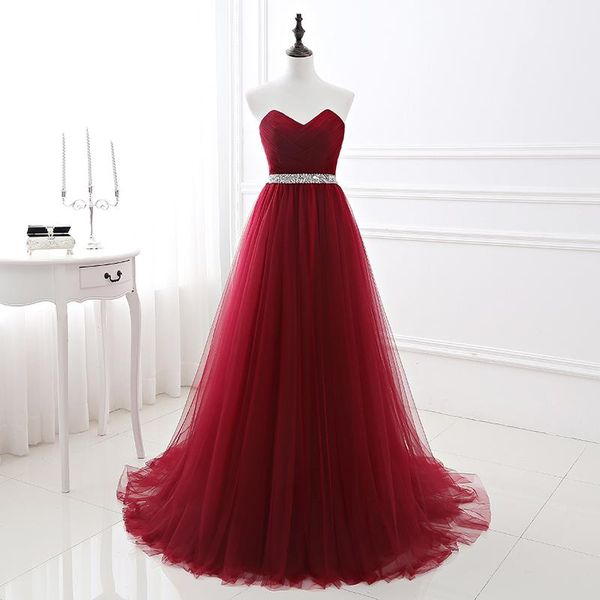 Robes de soirée Simple 2021 femmes vin rouge robe formelle Tulle chérie décolleté Sequin perlé bal GraduationParty