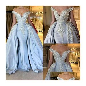 Avondjurken Sky Blue Mermaid met afneembare rok Pure mouwen Satijnen applique kralen optocht jurken prom jurk BC0832 DRO DHACX