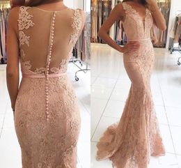 2020 Nouveau Sexy Blush Rose Sirène Robes De Soirée Porter V Cou Illusion Dentelle Appliques Perlé Long Sheer Retour Robe De Soirée Formelle Robes De Bal