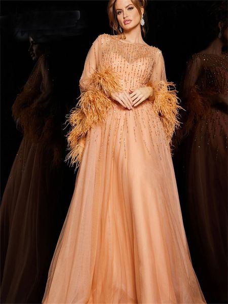 Robes de soirée avec manches Cape, col rond, paillettes perlées, plumes, robe formelle bouffante en Tulle pour femmes, pour occasions spéciales, 2024