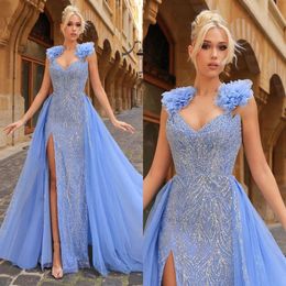 Avond elegant kristal met blauwe overkruien glitter kralen prom jurk ruches schouder lange jurken voor speciale ocns split robe de soiree es