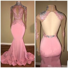 Avond formele jurken zeemeermin schede roze sier pailletten kant appliqued prom party jurk illusie lijfje sexy terug lange mouwen